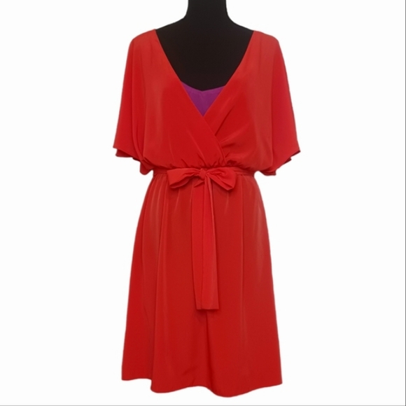 MSK Dresses & Skirts - MSK Silky Batwing Colorblock Twofer Belted Dress Women's Sz Med Red Purple